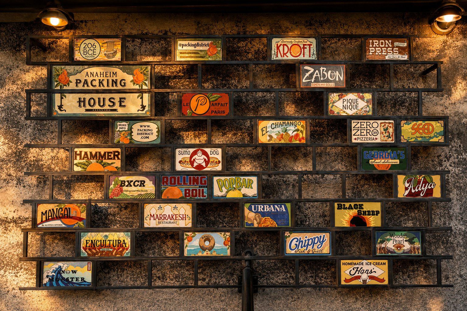 Anaheim Packing House restaurant directory wall