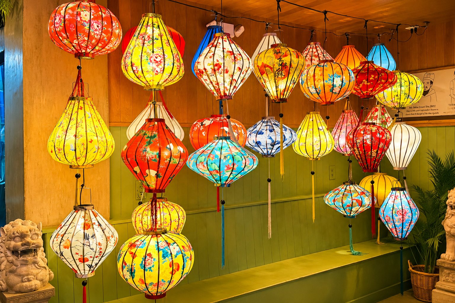Colorful lanterns inside a Packing House restaurant
